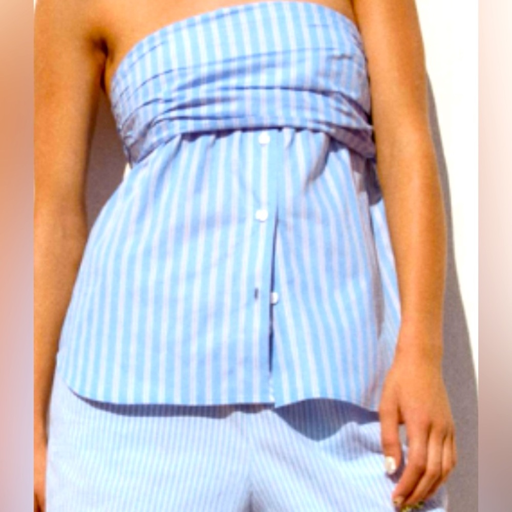 ZARA Blue and White Striped Poplin Strapless Top - Size XL - NEW